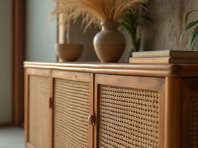Restored rattan cabinet with intricate weaving