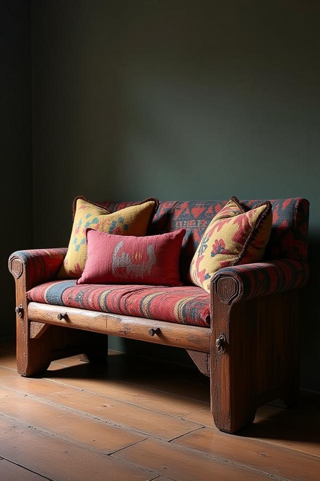 Eclectic wooden bench with a mix of vibrant fabrics and carved details