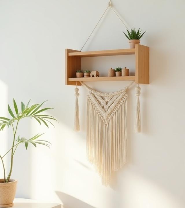 Small wooden shelving unit adorned with macrame detailing