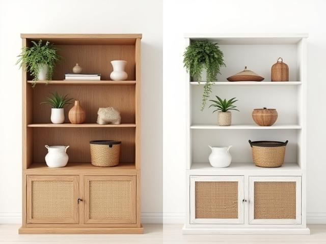 Before and after of a simple bookshelf transformed with rattan doors and light paint.