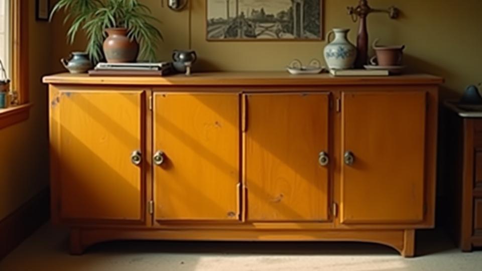 Dated, worn wooden buffet before makeover