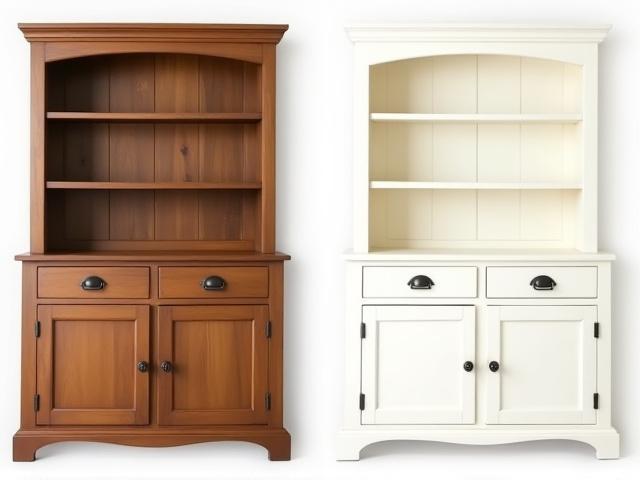 Before and after of a dark wood hutch painted white with new black hardware.