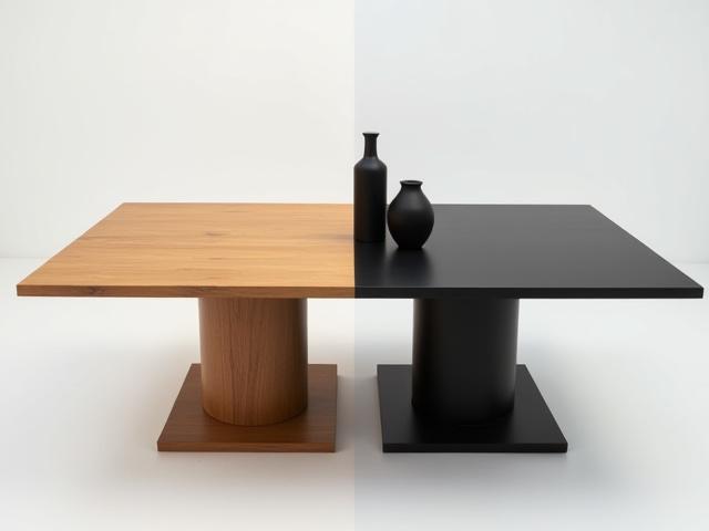 Before and after of a golden oak table painted matte black.