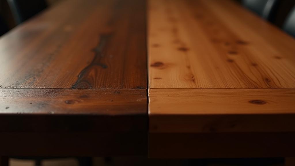Before and after showing a wooden table with a large scratch, then the same table perfectly restored
