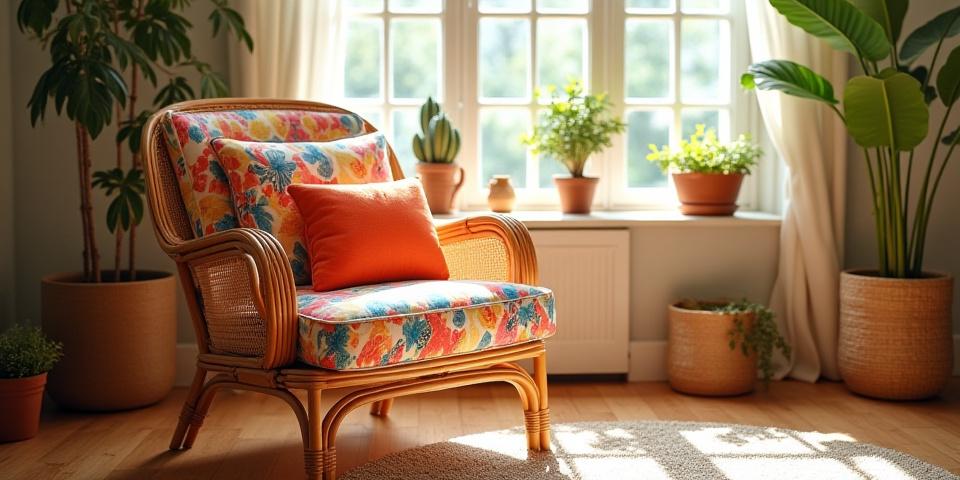 After: Vibrant, stylish boho rattan chair with new, colorful upholstery