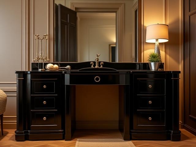 Glamorous Art Deco vanity, restored with high-gloss lacquer and original chrome hardware, in a stylized setting