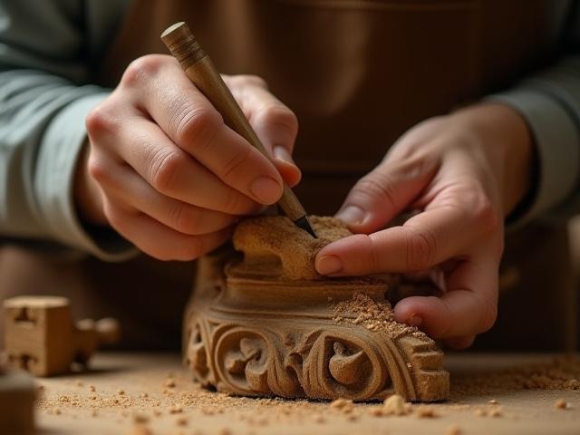 Close-up of a craftsman hand-carving a replacement detail for a broken antique furniture leg, with traditional tools