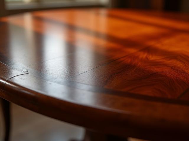Close-up of a deeply reflective, French polished mahogany tabletop, showcasing its rich grain and mirror-like finish
