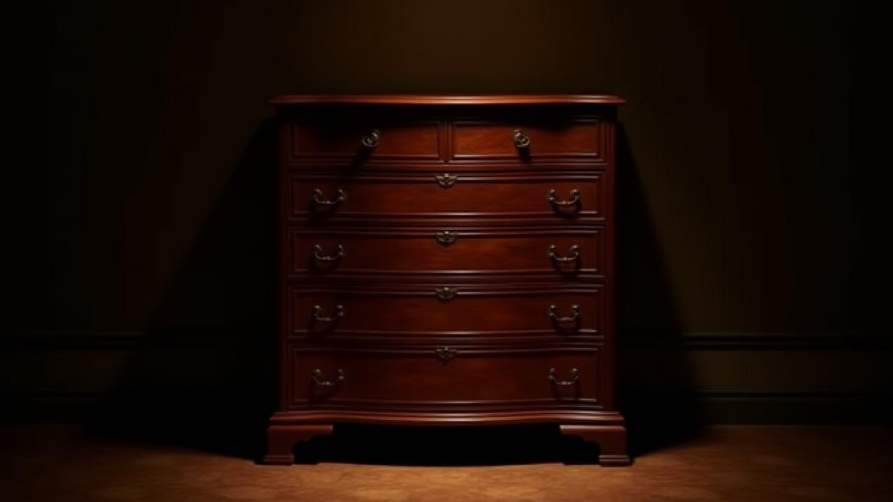 Flawlessly restored antique mahogany highboy in a dimly lit, elegant room