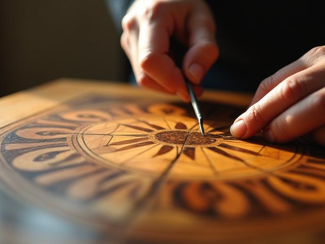 Close-up of a skilled artisan meticulously repairing intricate veneer and marquetry on an antique table