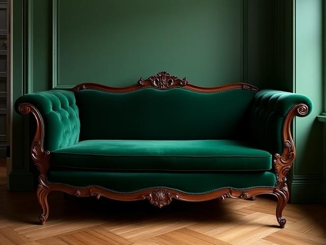 Beautifully restored Victorian settee with new, historically accurate dark green velvet upholstery and polished dark wood frame