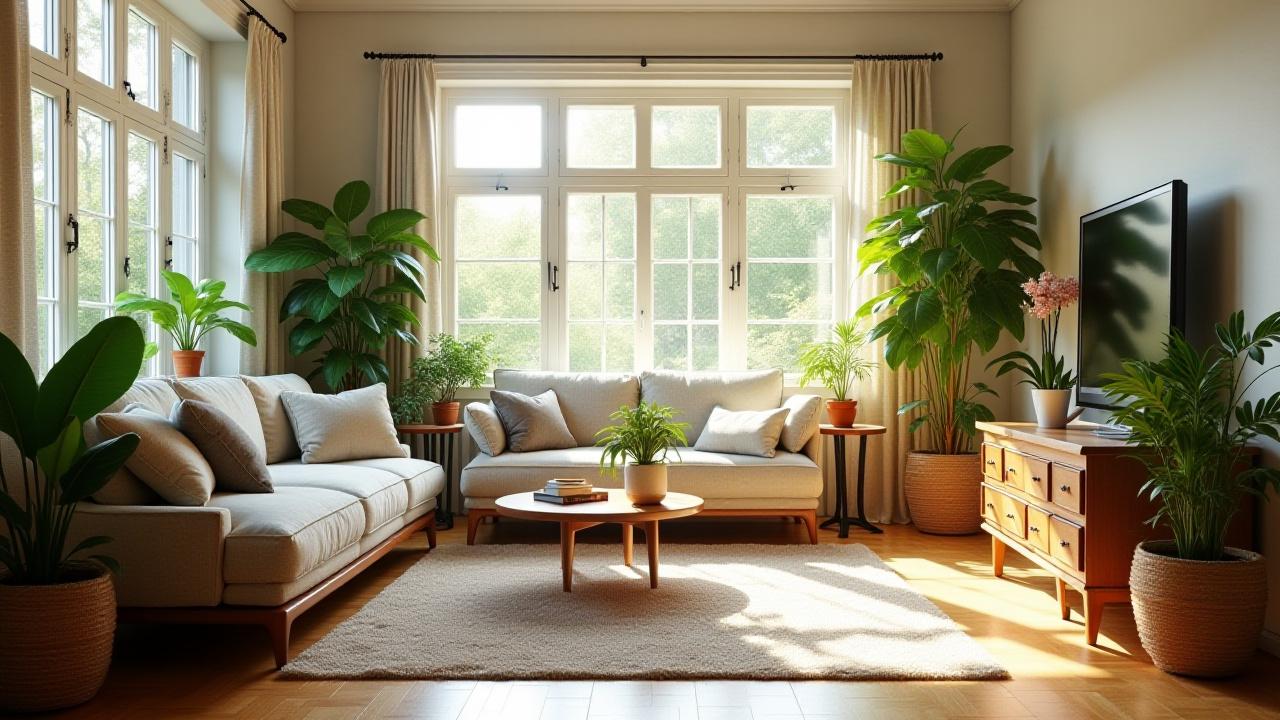Bright, airy room with various restored and upcycled furniture pieces, bathed in natural light with abundant green plants.