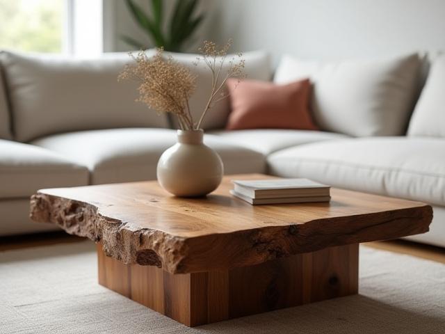 Beautiful reclaimed wood coffee table with a rich, unique grain, styled in a modern living room.