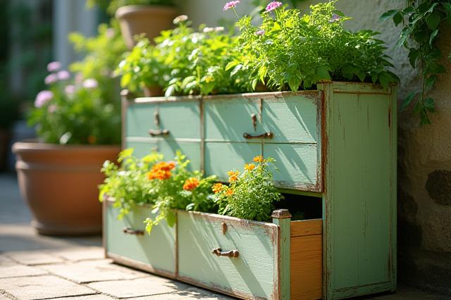 Vintage drawers stacked and reimagined as a unique vertical garden planter.