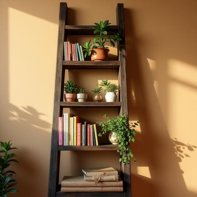Vintage wooden ladder transformed into a rustic chic bookshelf filled with books and plants.