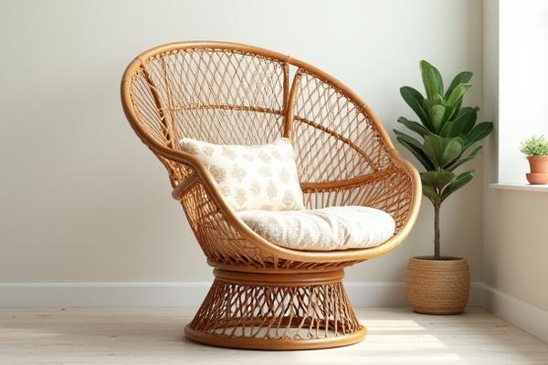 A beautifully restored Rattan Peacock Chair with new bohemian-inspired cushioning for vintage furniture decor.